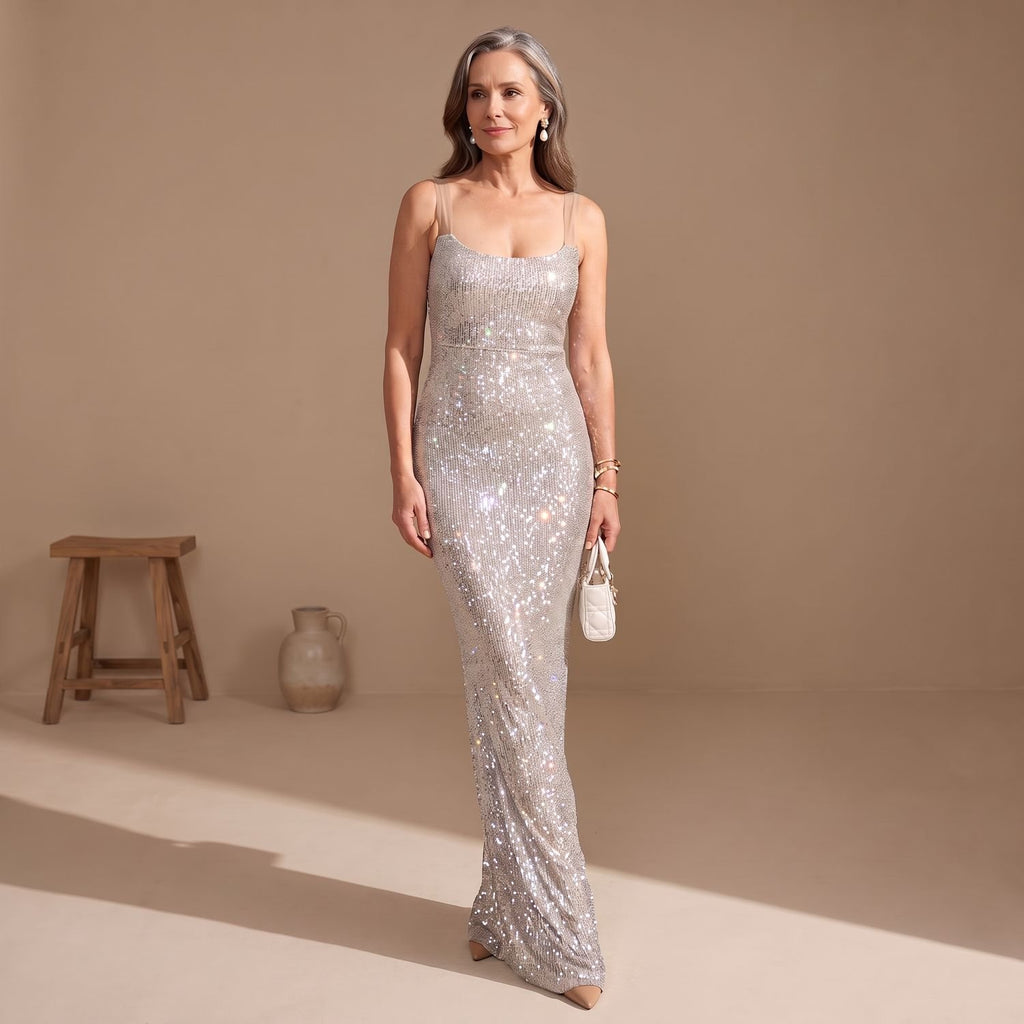 Women's Silver Maxi Sequin Dress Square-Neck Spaghetti Strap