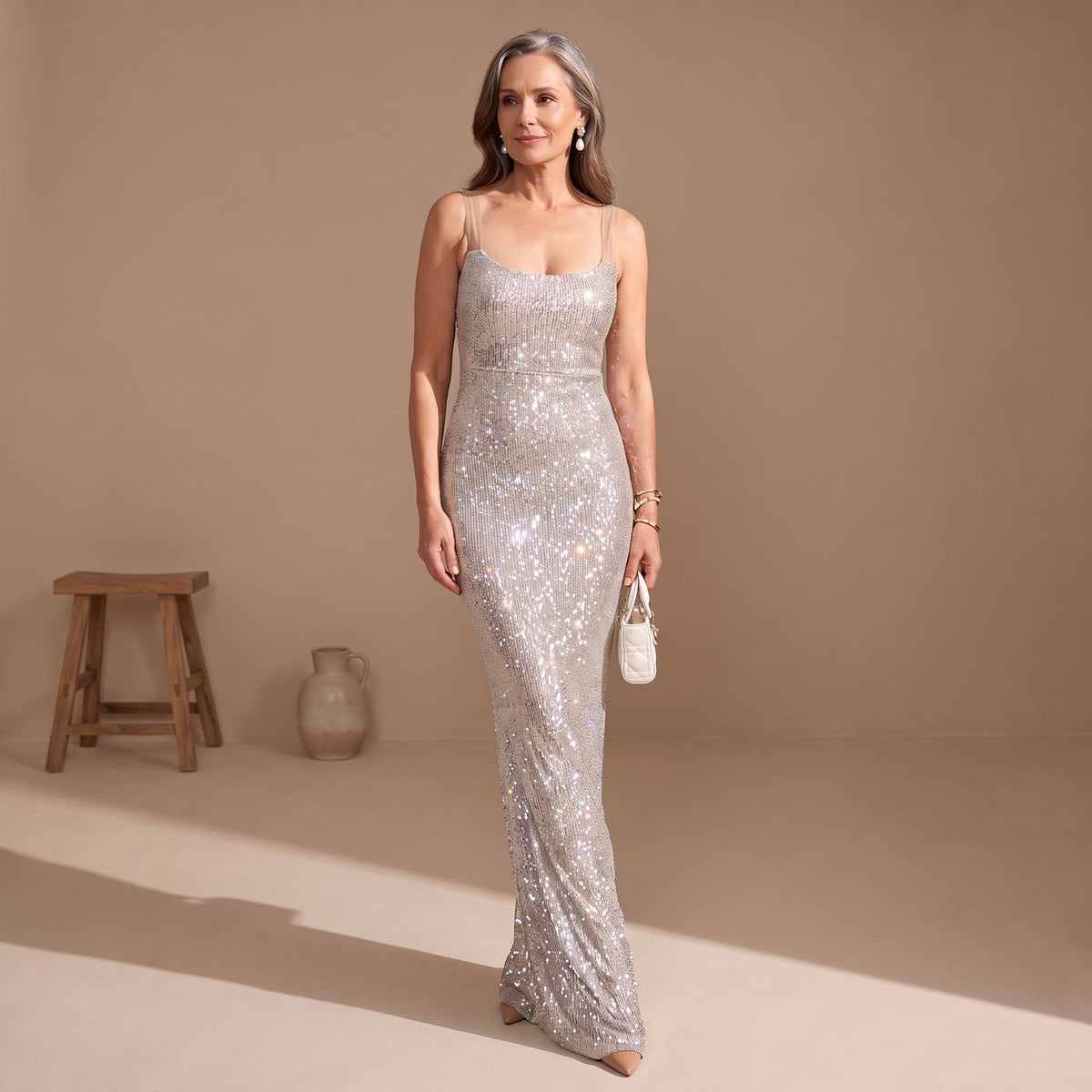 Women's Silver Maxi Sequin Dress Square-Neck Spaghetti Strap