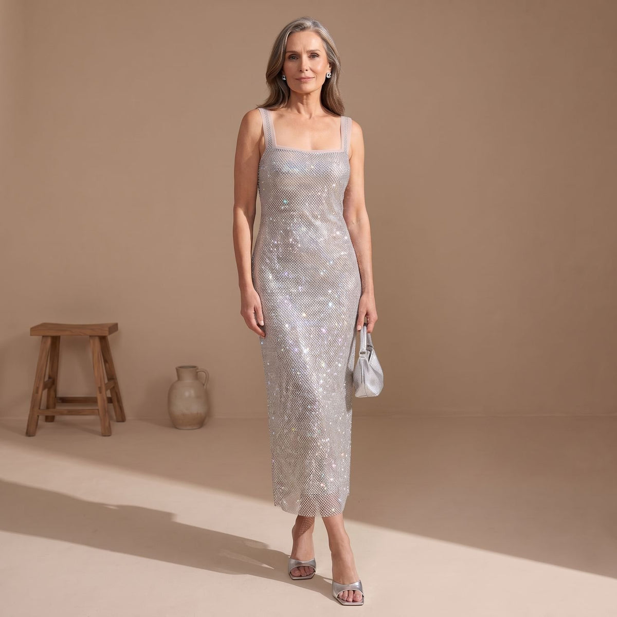 Women's Silver Maxi Sequin Dress Square-Neck Spaghetti Strap