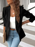 Women's Single Button Casual Blazer Ruched-Sleeve Tailored Jacket - Black