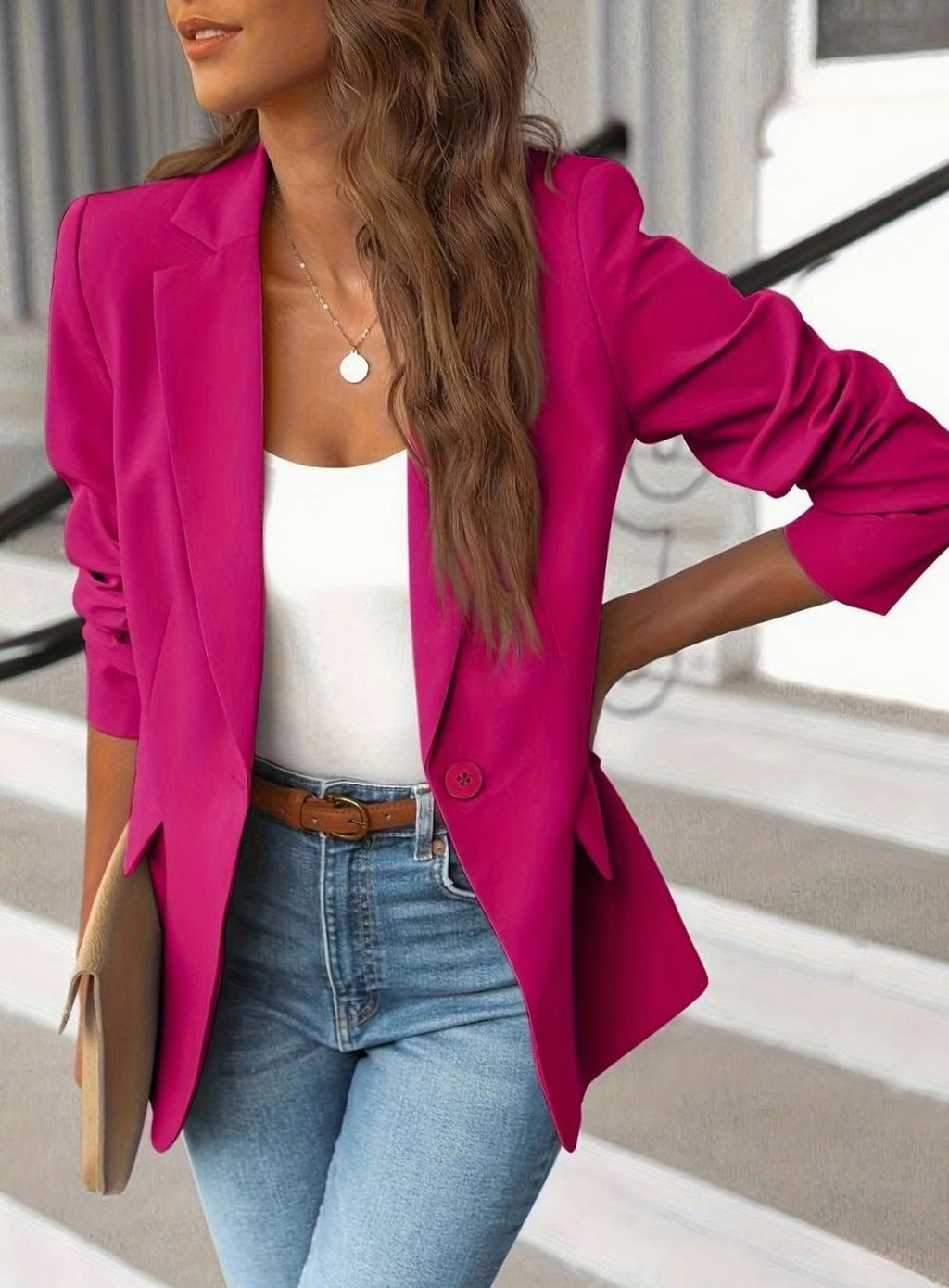 Women's Single Button Casual Blazer Ruched-Sleeve Tailored Jacket - Pink