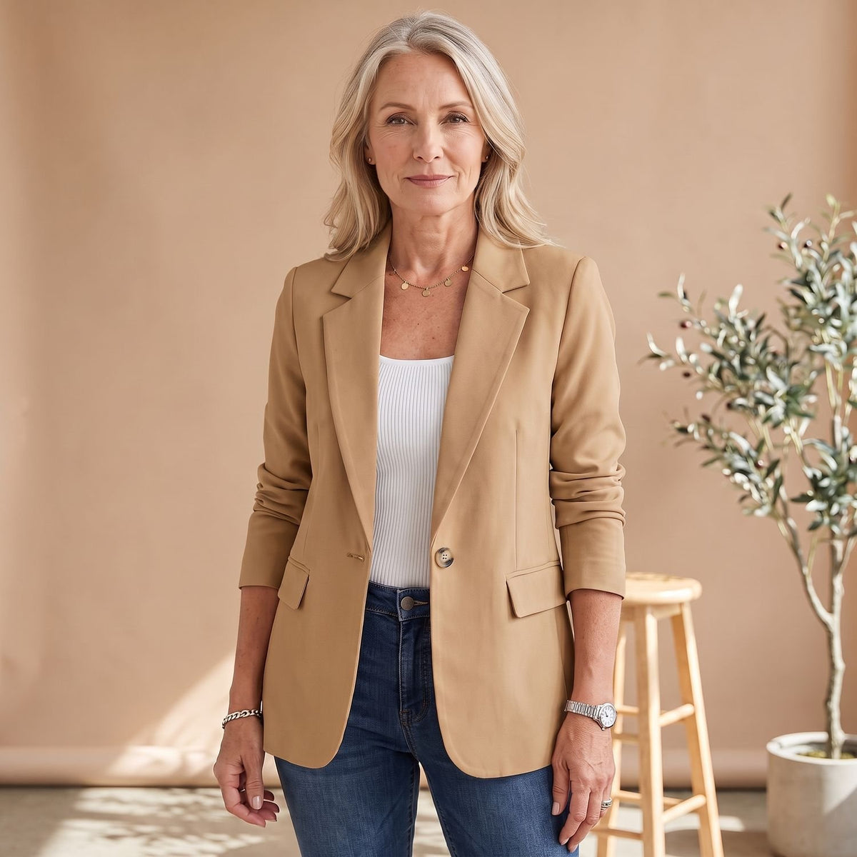 Women's Single-Button Tailored Long-Sleeve Blazer - Light Brown