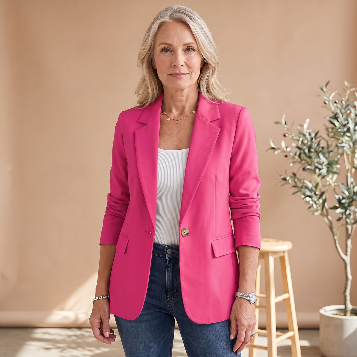 Women's Single-Button Tailored Long-Sleeve Blazer - Pink