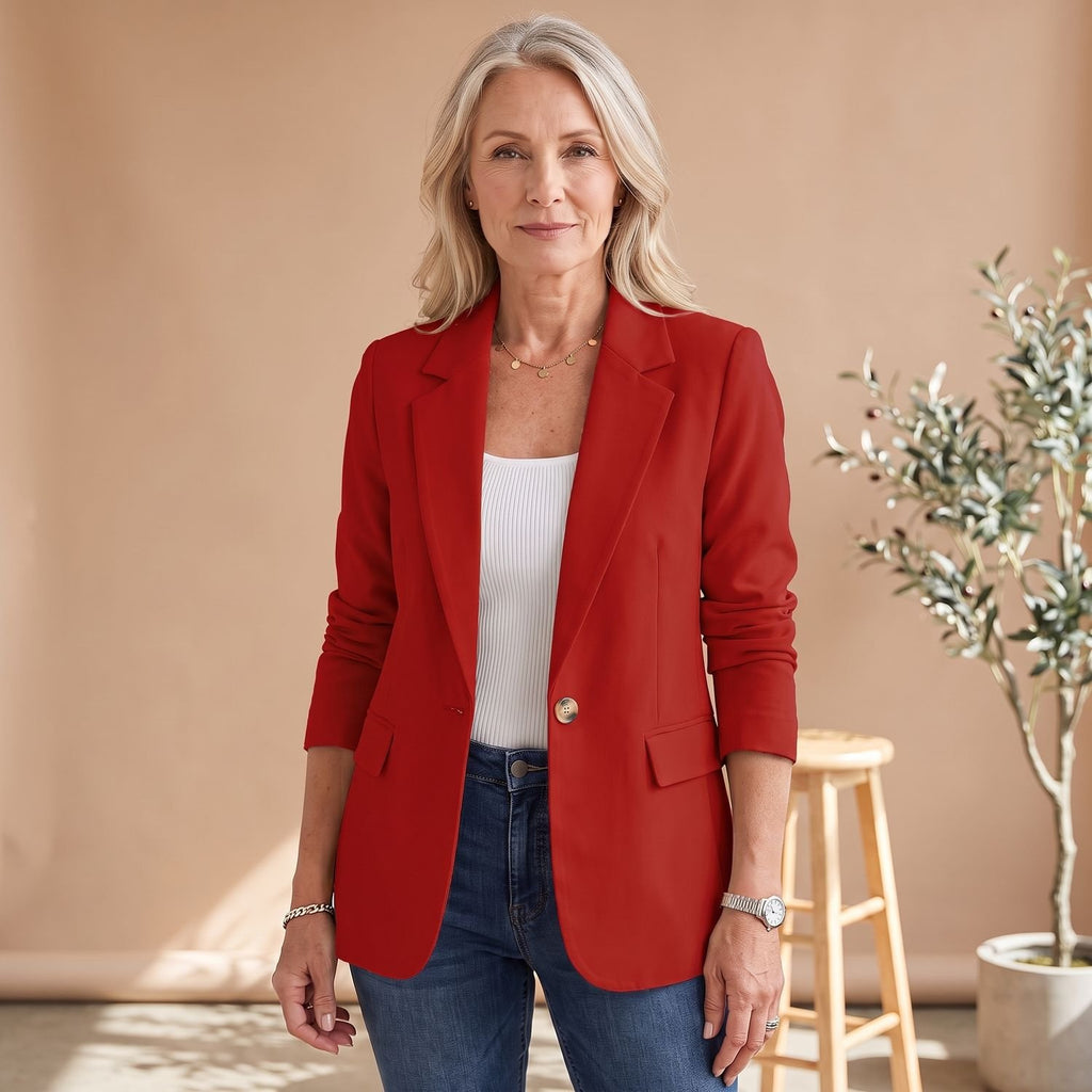 Women's Single-Button Tailored Long-Sleeve Blazer - Red