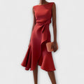 Women's Sleeveless Asymmetrical Drape Flowy Midi Dress - Red