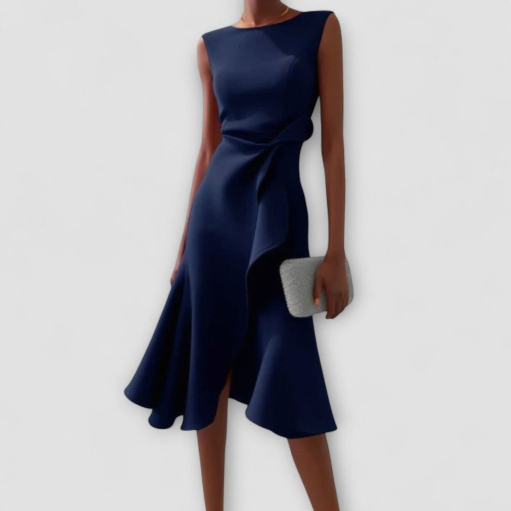 Women's Sleeveless Asymmetrical Drape Flowy Midi Dress - Navy Blue
