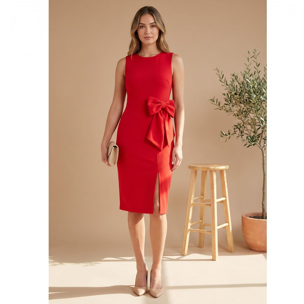 Women's Sleeveless Bow-Accent Sheath Cocktail Dress - Rose Red