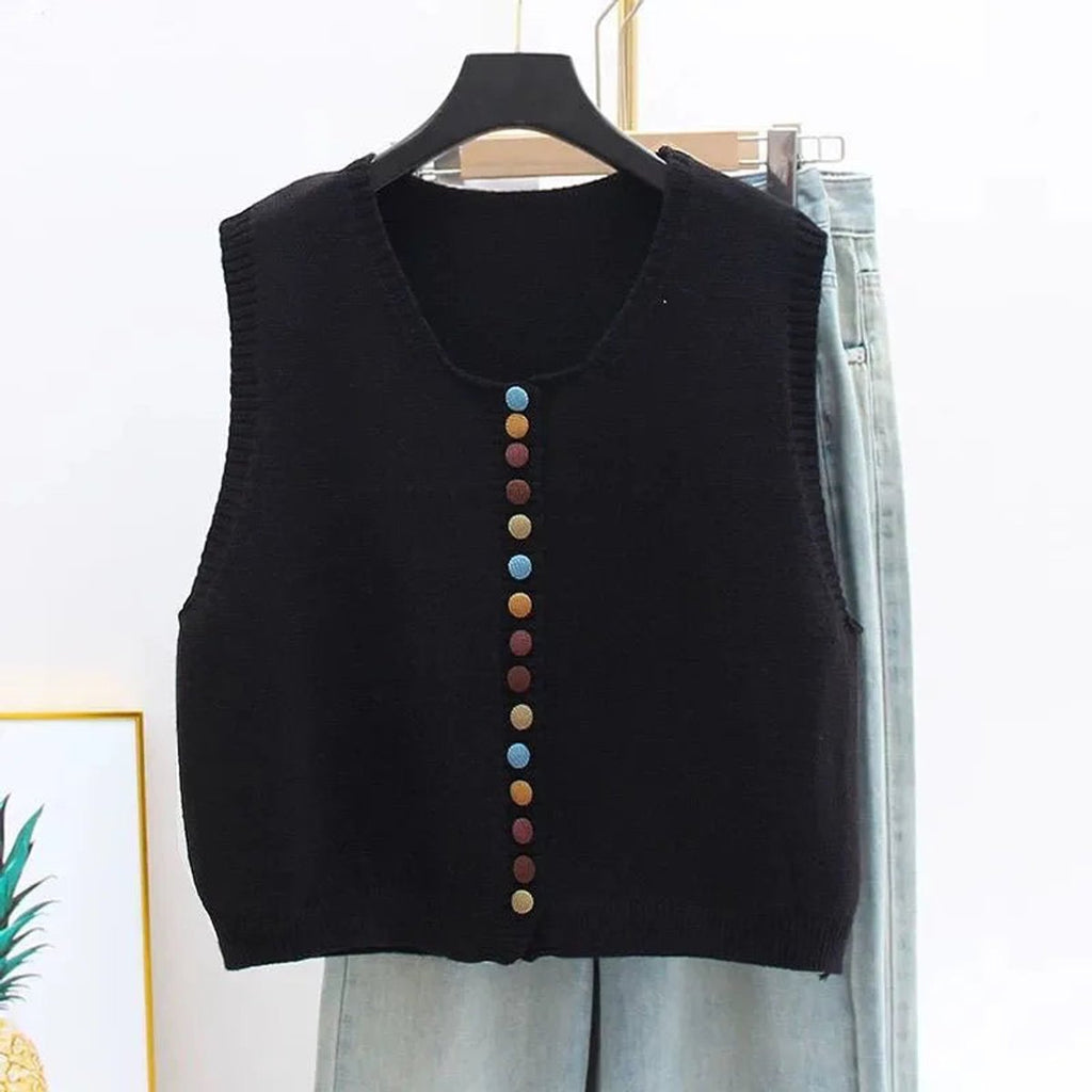 Women's Sleeveless Button-Front Knit Sweater Vest - Black