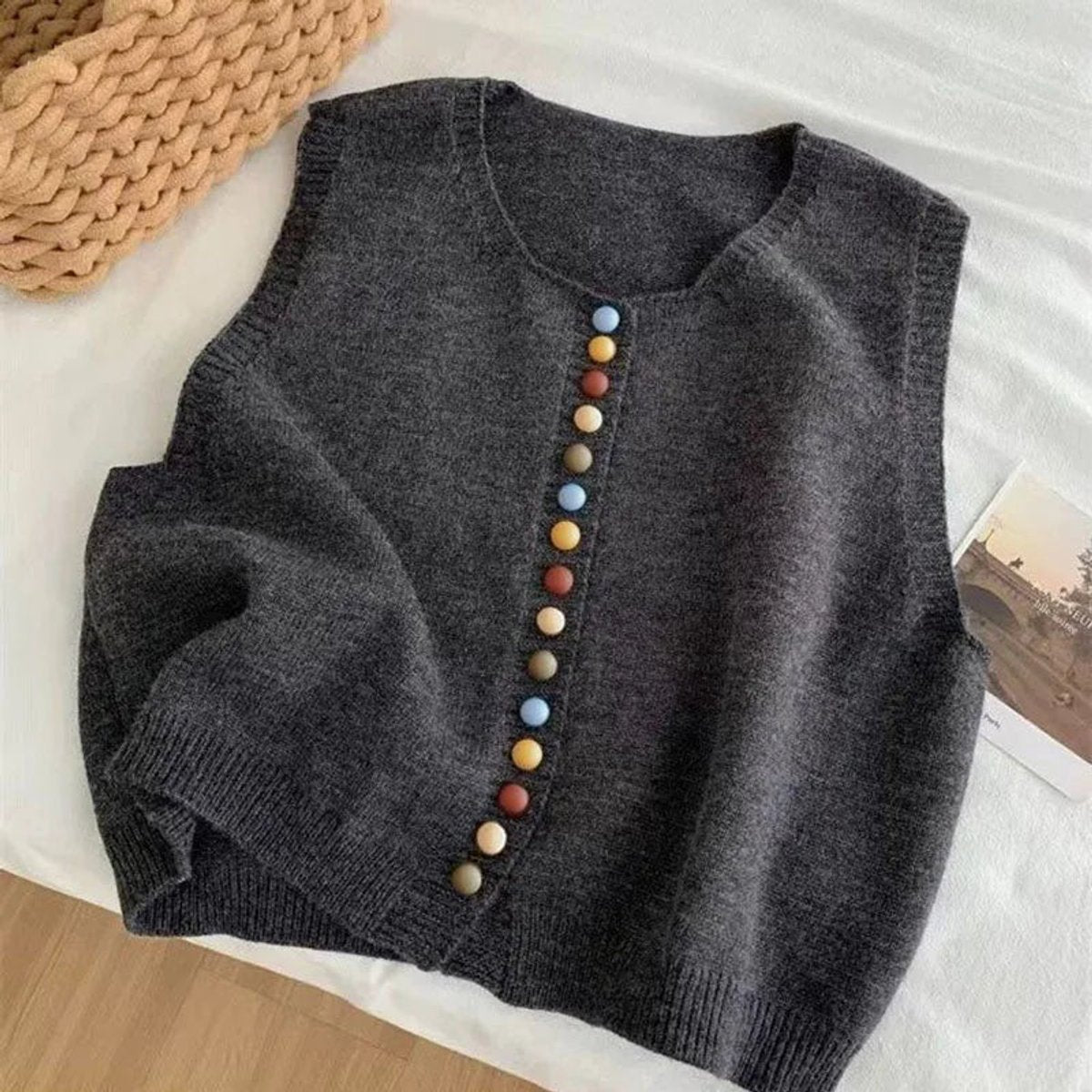 Women's Sleeveless Button-Front Knit Sweater Vest - Gray