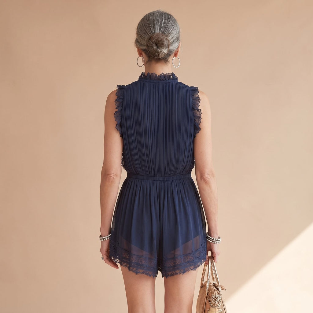 Women's Sleeveless Deep V-Neck Lace-Trim Pleated Chiffon Jumpsuit