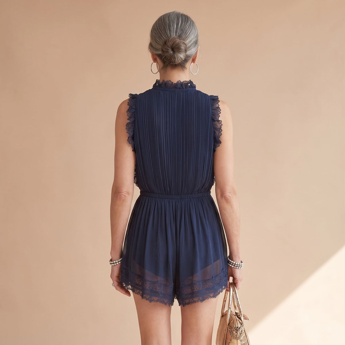 Women's Sleeveless Deep V-Neck Lace-Trim Pleated Chiffon Jumpsuit