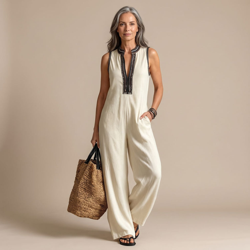 Women's Sleeveless Embroidered Wide-Leg Jumpsuit - White