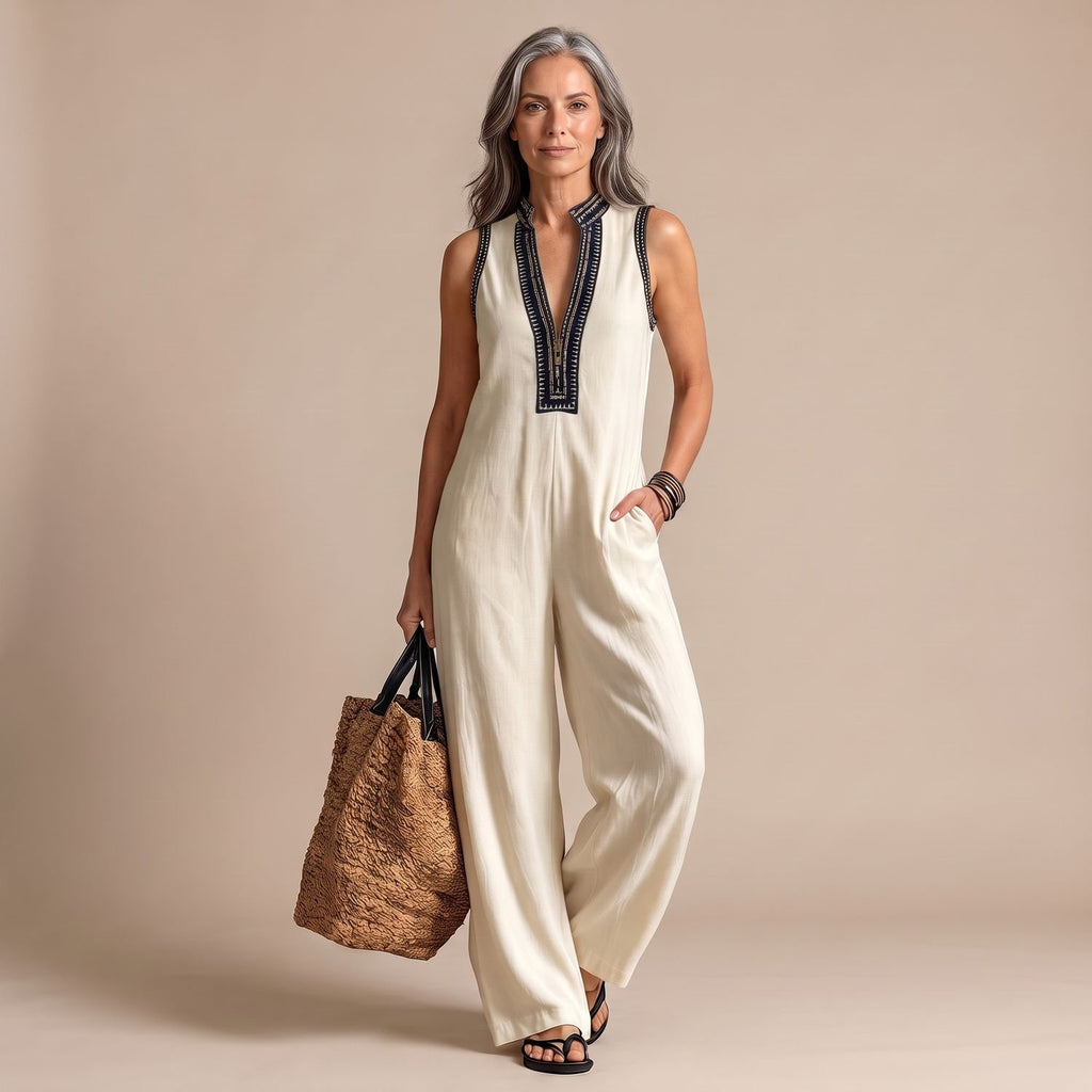Women's Sleeveless Embroidered Wide-Leg Jumpsuit