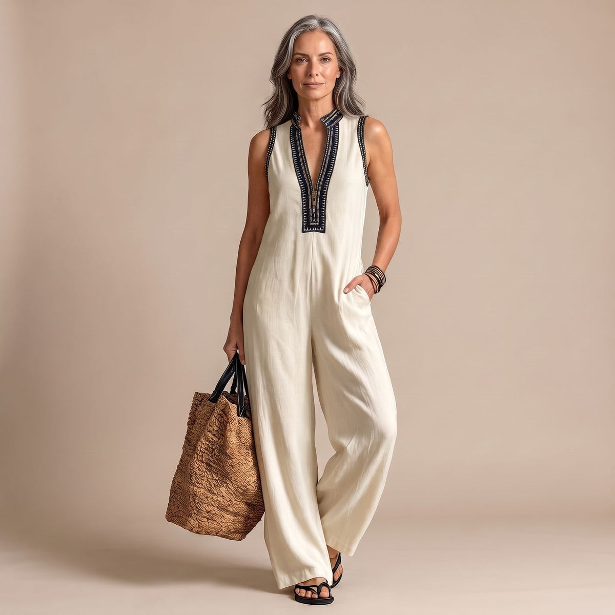 Women's Sleeveless Embroidered Wide-Leg Jumpsuit