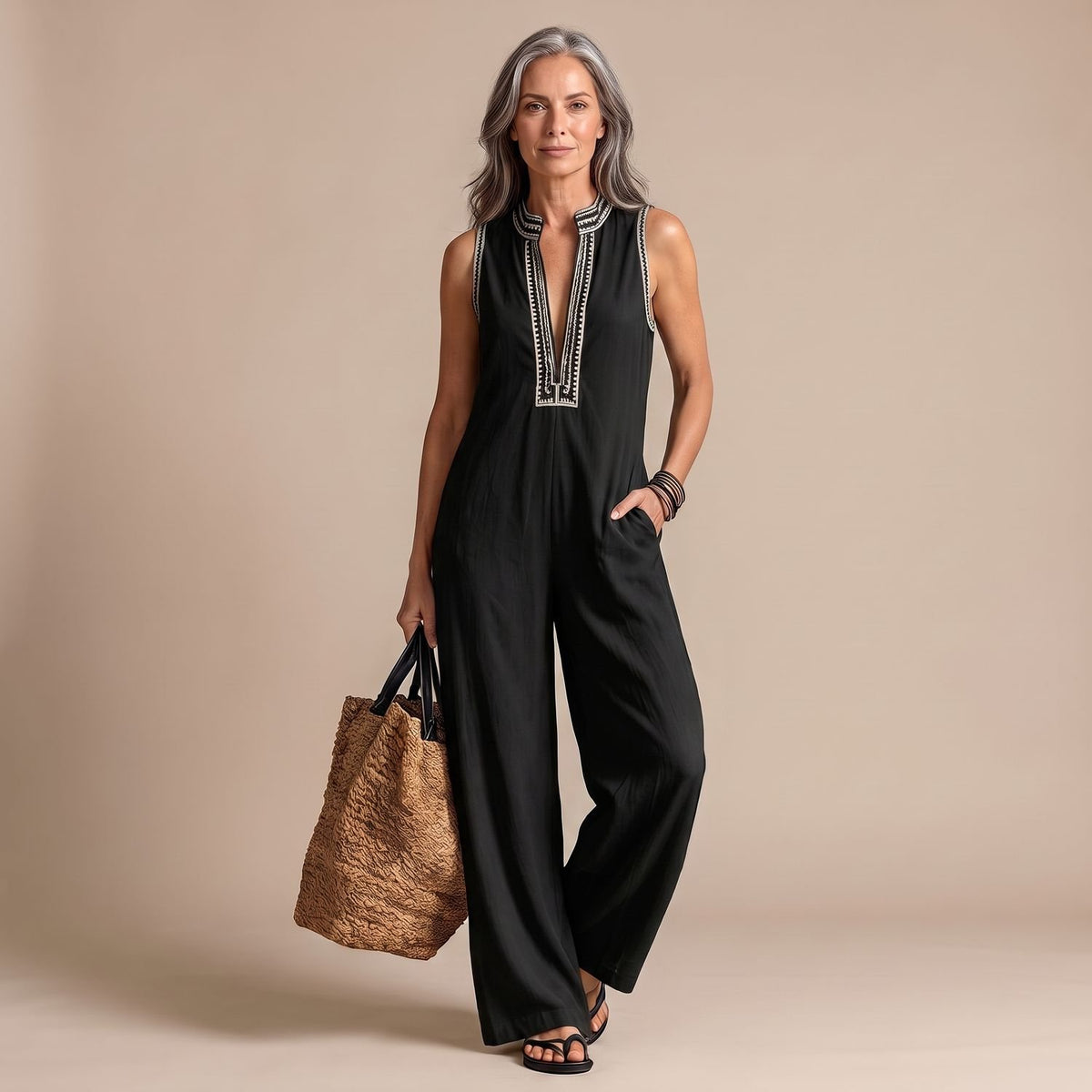 Women's Sleeveless Embroidered Wide-Leg Jumpsuit - Black