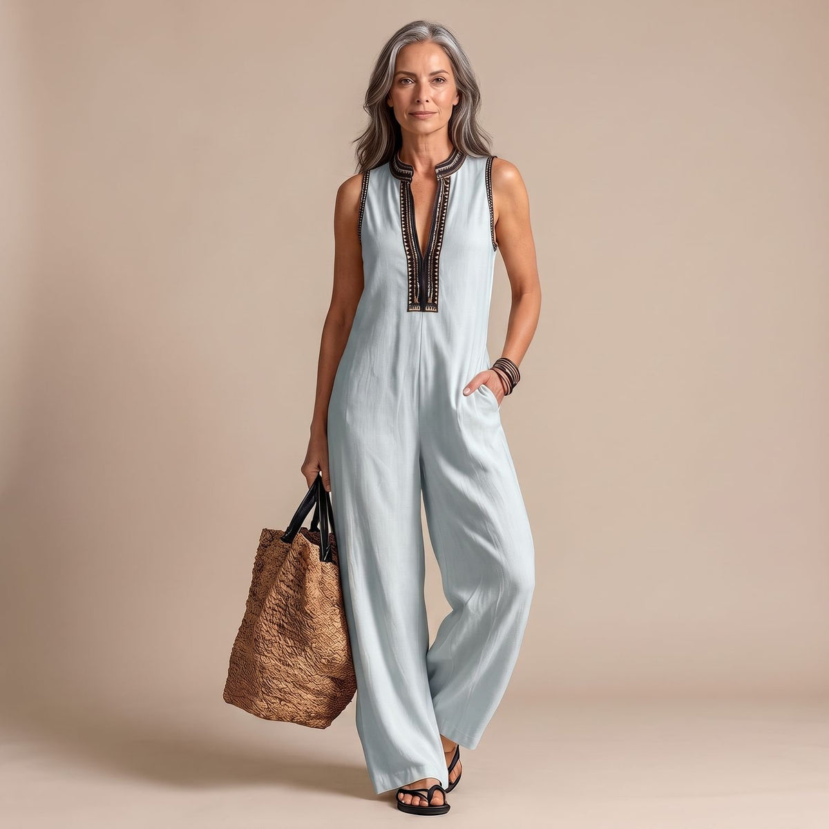 Women's Sleeveless Embroidered Wide-Leg Jumpsuit - Blue