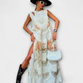 Women's Sleeveless Floral Lace Maxi Dress Round Neck Side Slit