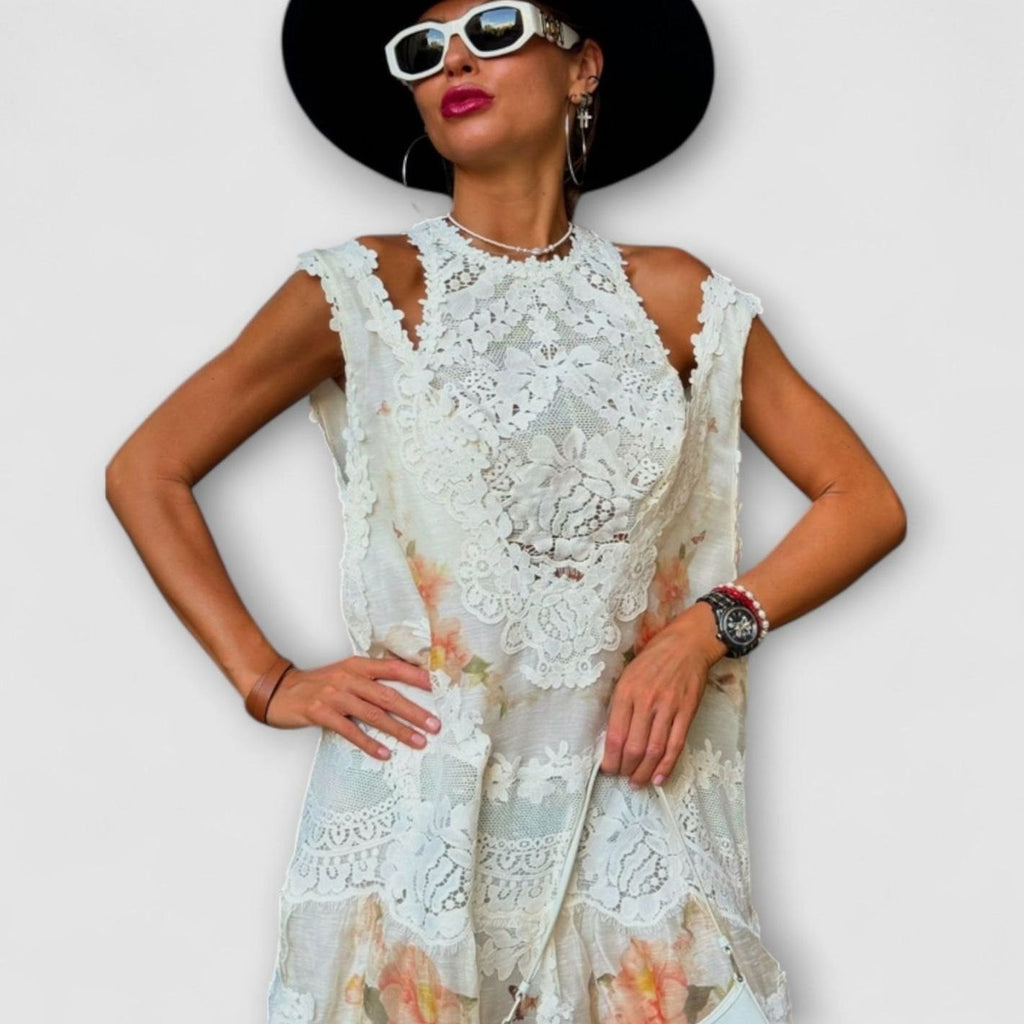 Women's Sleeveless Floral Lace Maxi Dress Round Neck Side Slit