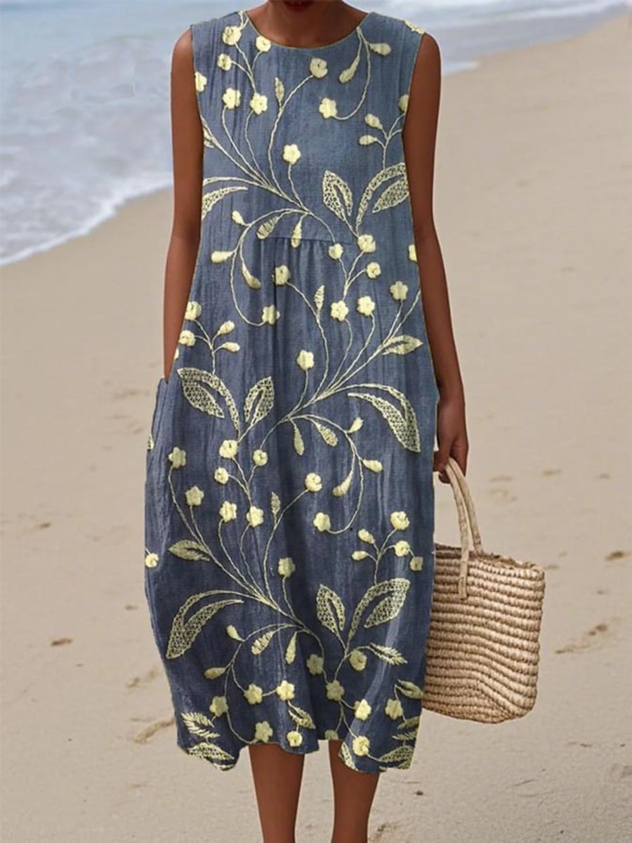 Women's Sleeveless Floral Print Loose Fit Midi Dress - Blue