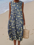 Women's Sleeveless Floral Print Loose Fit Midi Dress - Blue