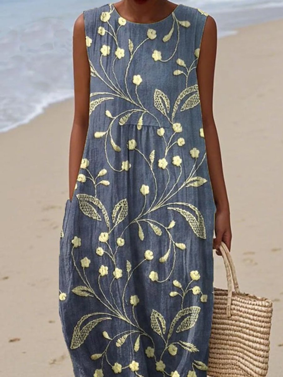 Women's Sleeveless Floral Print Loose Fit Midi Dress