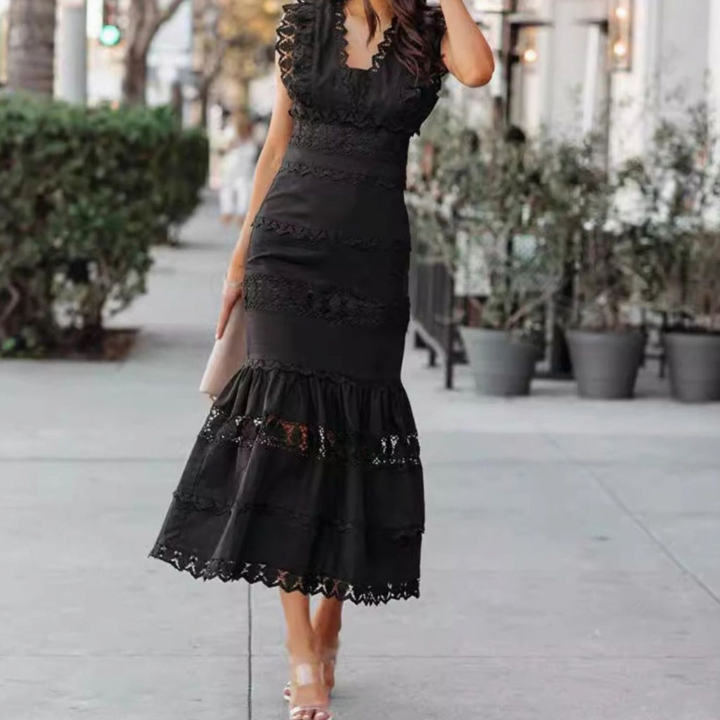 Women's Sleeveless Lace-Trim Cotton Midi Maxi Dress