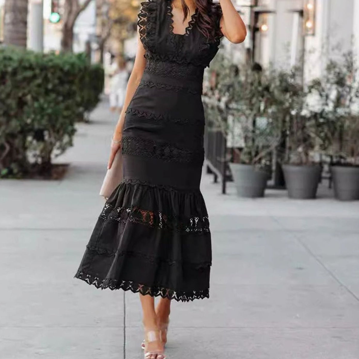 Women's Sleeveless Lace-Trim Cotton Midi Maxi Dress