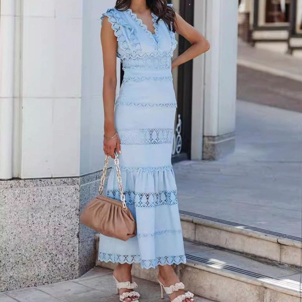 Women's Sleeveless Lace-Trim Cotton Midi Maxi Dress