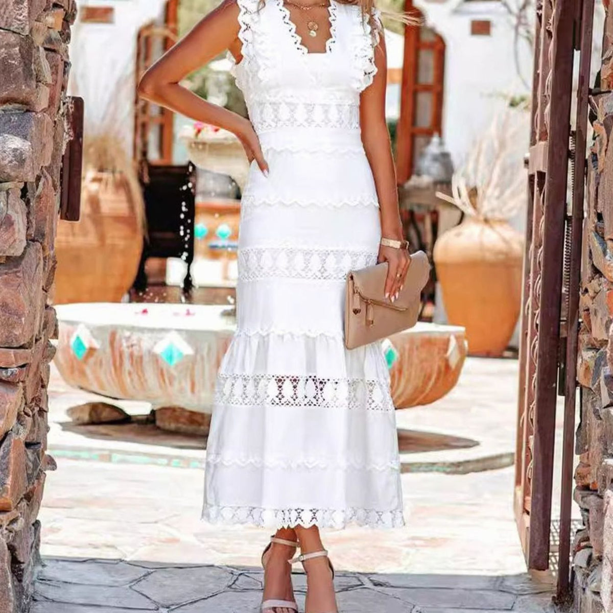 Women's Sleeveless Lace-Trim Cotton Midi Maxi Dress