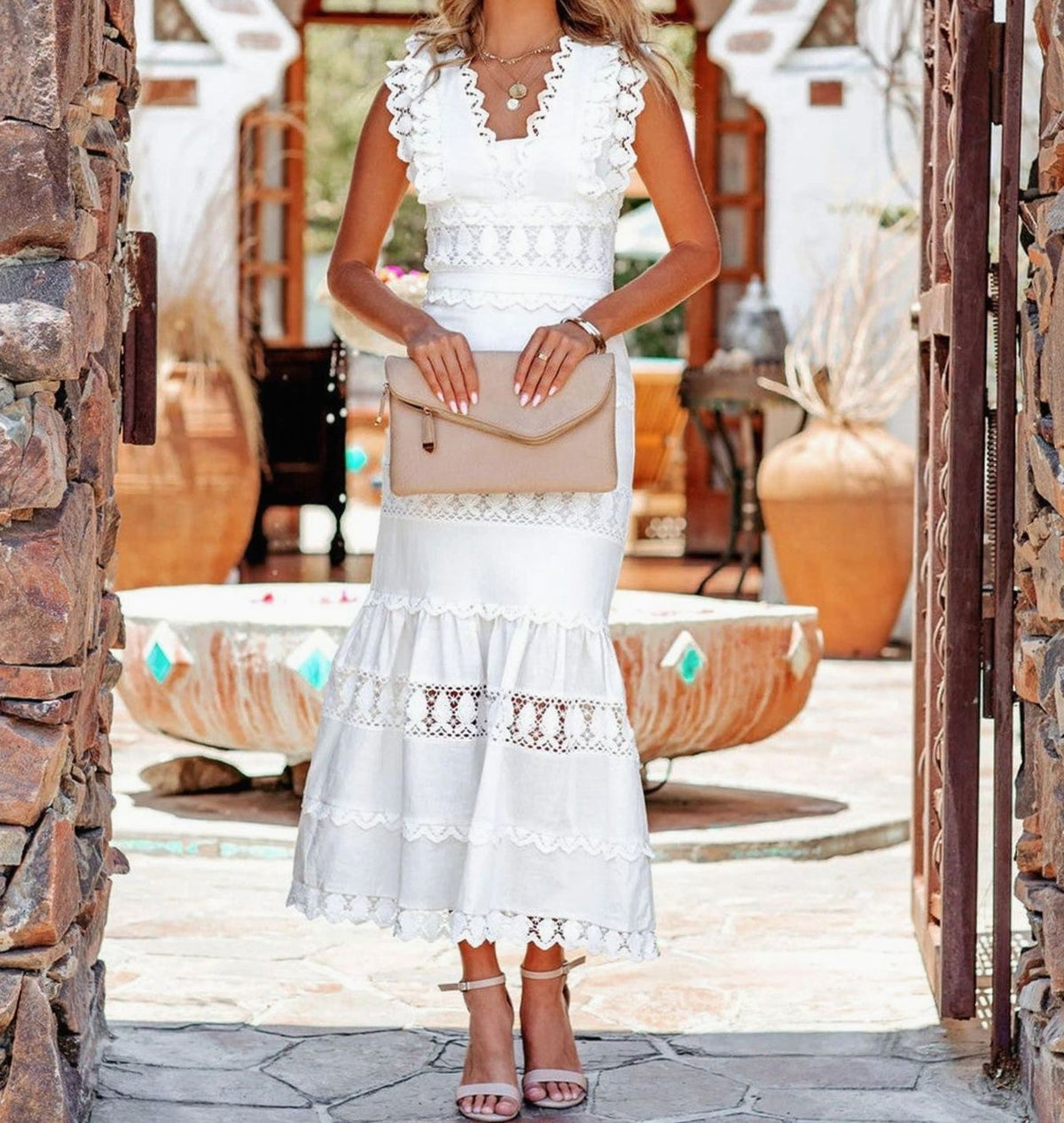 Women's Sleeveless Lace-Trim Cotton Midi Maxi Dress