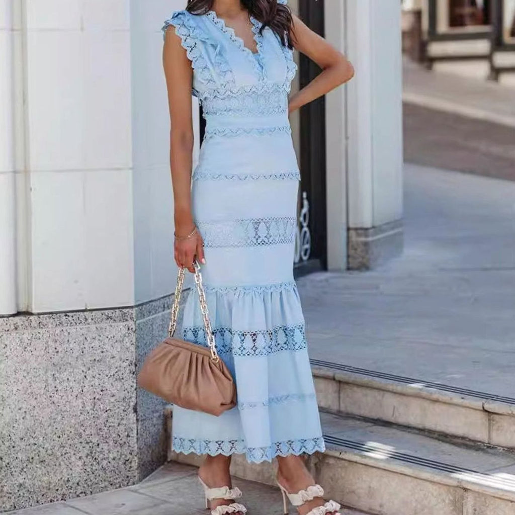 Women's Sleeveless Lace-Trim Cotton Midi Maxi Dress