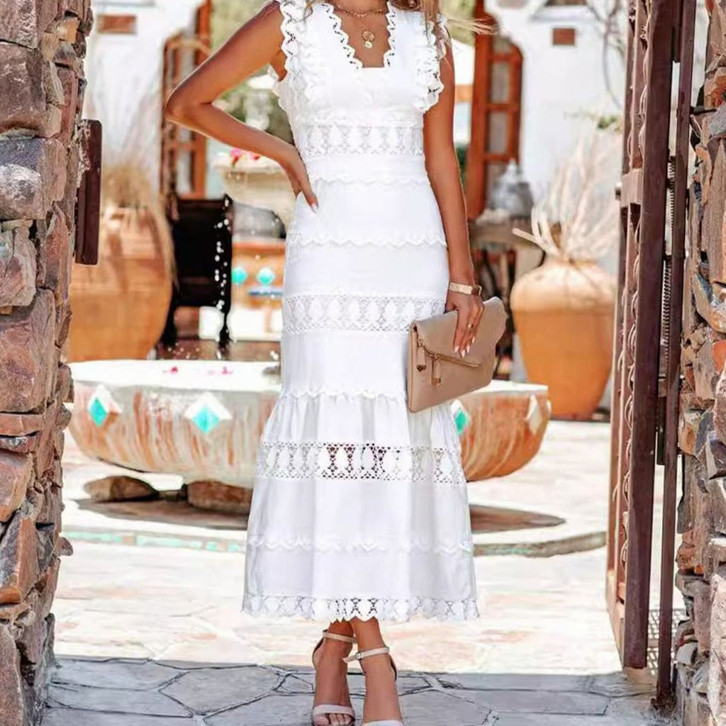 Women's Sleeveless Lace-Trim Cotton Midi Maxi Dress