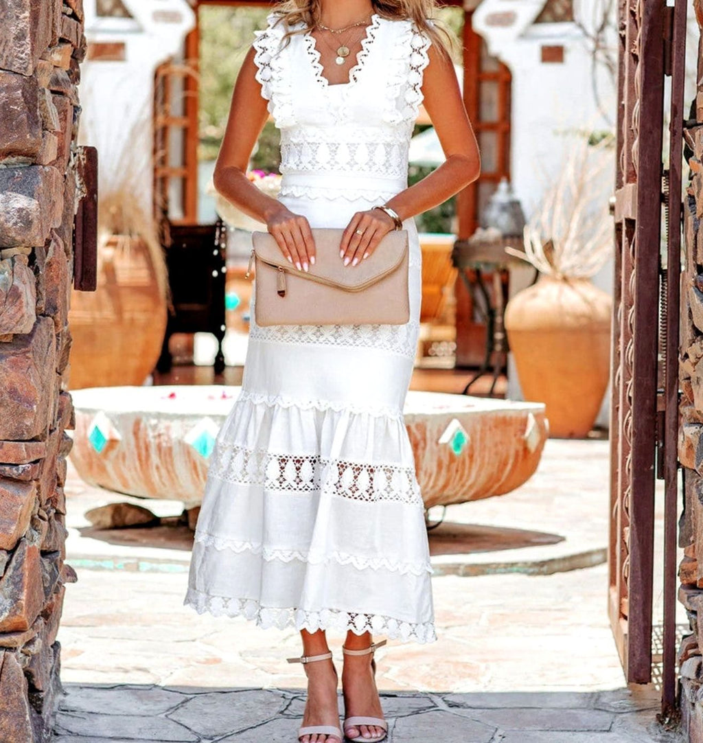 Women's Sleeveless Lace-Trim Cotton Midi Maxi Dress - White
