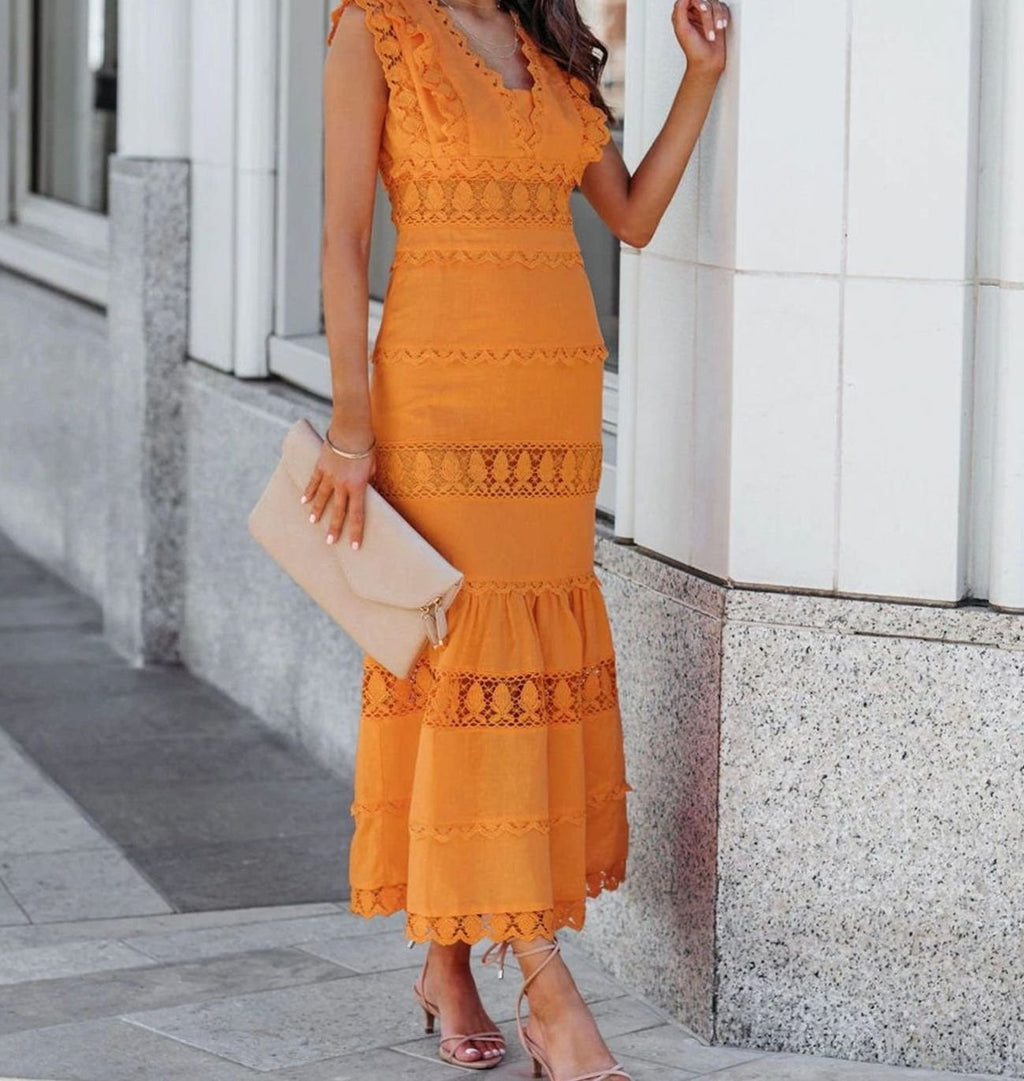 Women's Sleeveless Lace-Trim Cotton Midi Maxi Dress - Yellow