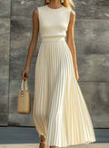 Women's Sleeveless Ribbed-Top Pleated Maxi Formal Dress - Cream