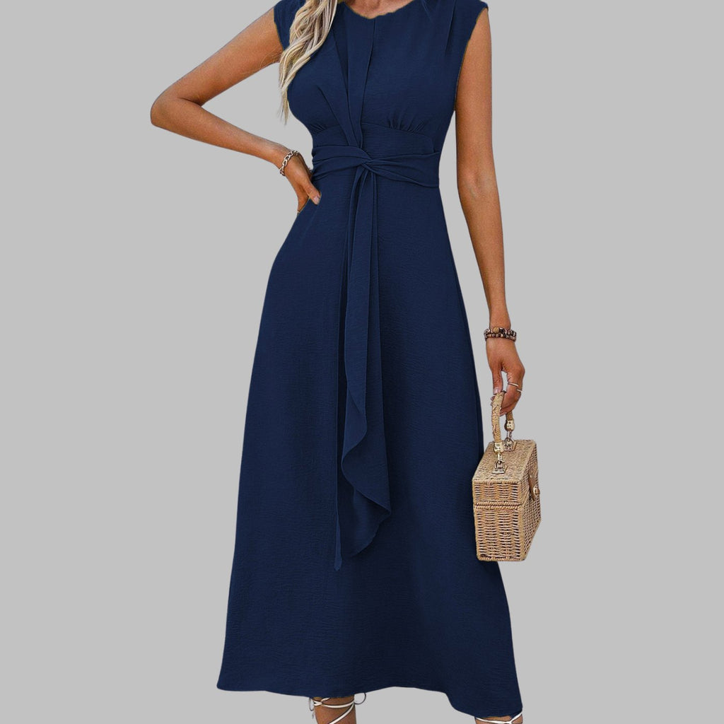 Women's Sleeveless Round Neck Tie-Waist A-Line Midi Dress - Dark Blue