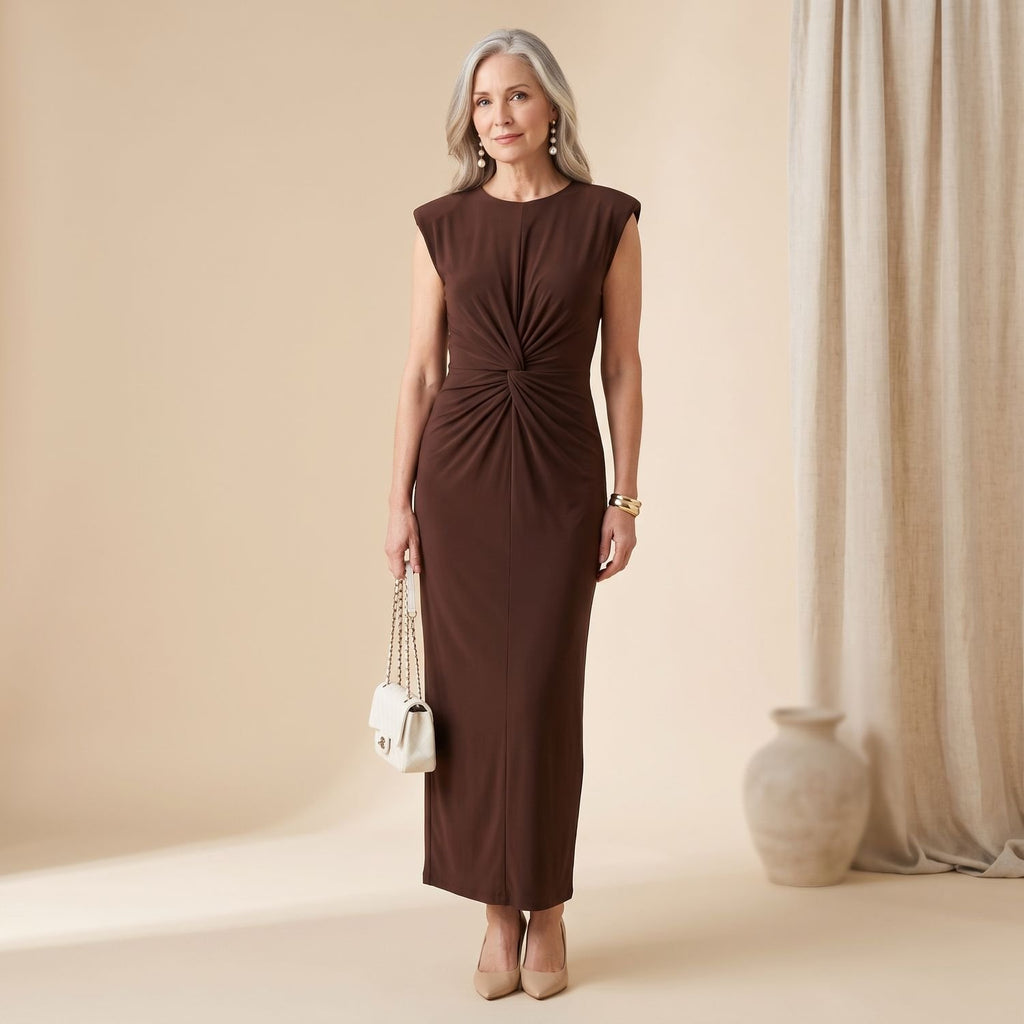 Women's Sleeveless Ruched Twist-Front Sheath Maxi Dress - Brown