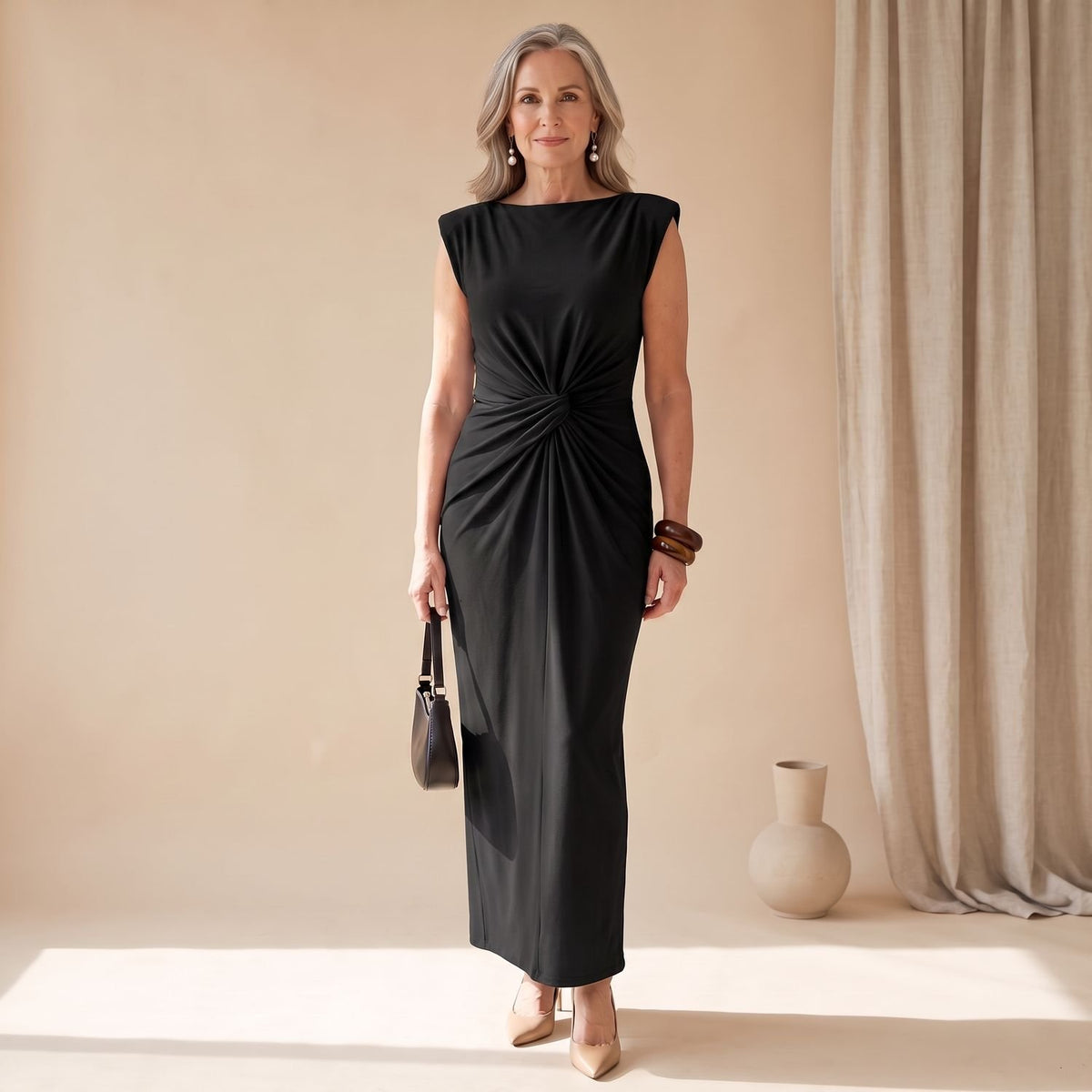 Women's Sleeveless Ruched Twist-Front Sheath Maxi Dress - Black