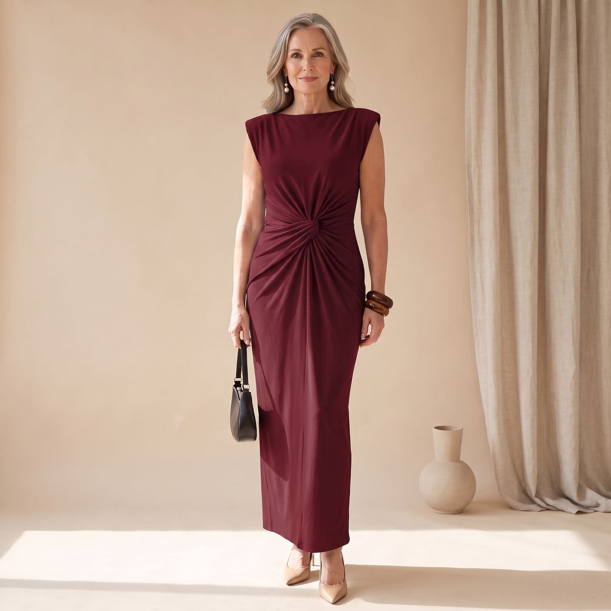 Women's Sleeveless Ruched Twist-Front Sheath Maxi Dress - Burgundy