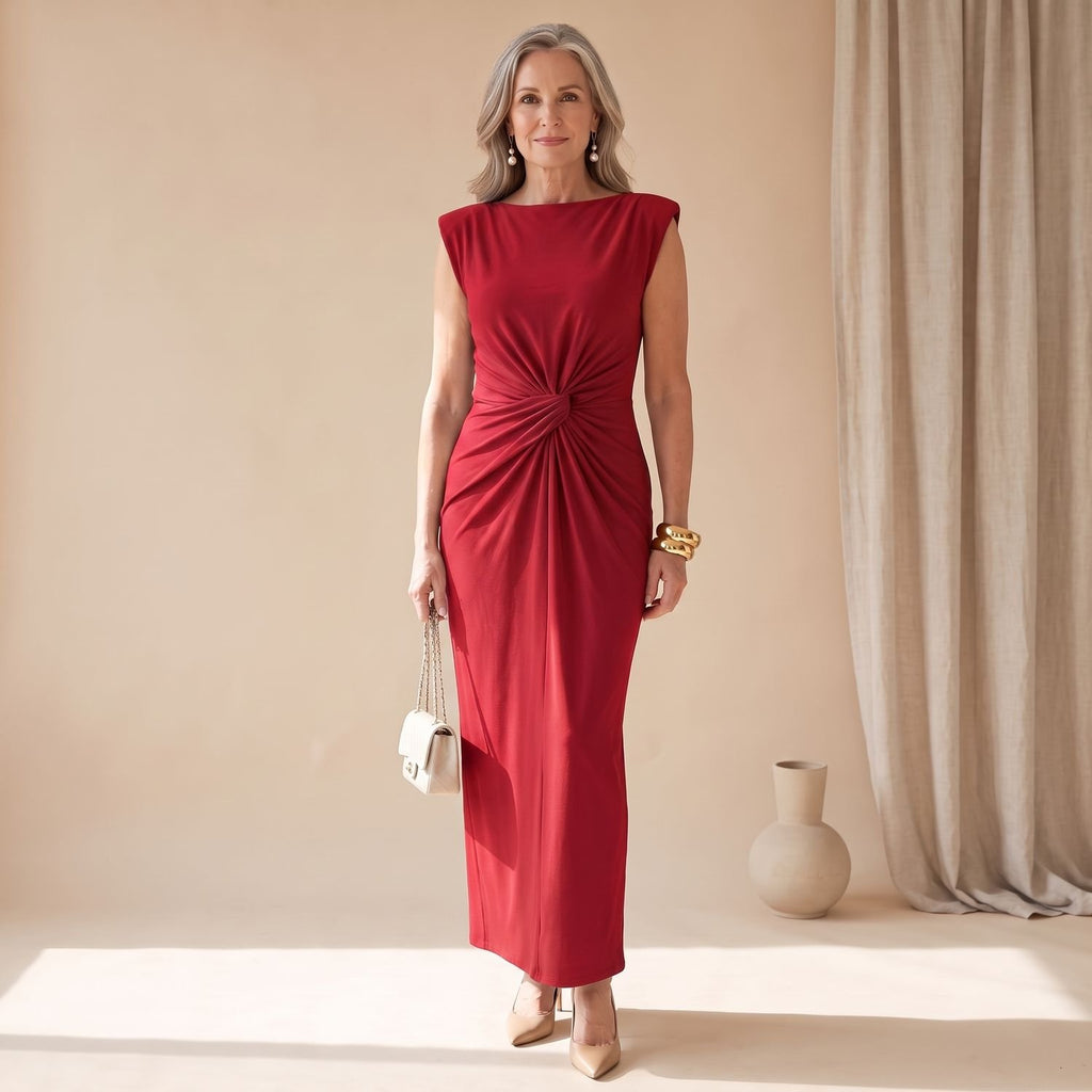 Women's Sleeveless Ruched Twist-Front Sheath Maxi Dress - Red