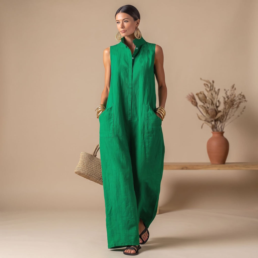 Women's Sleeveless Stand-Collar Loose-Fit Linen Jumpsuit