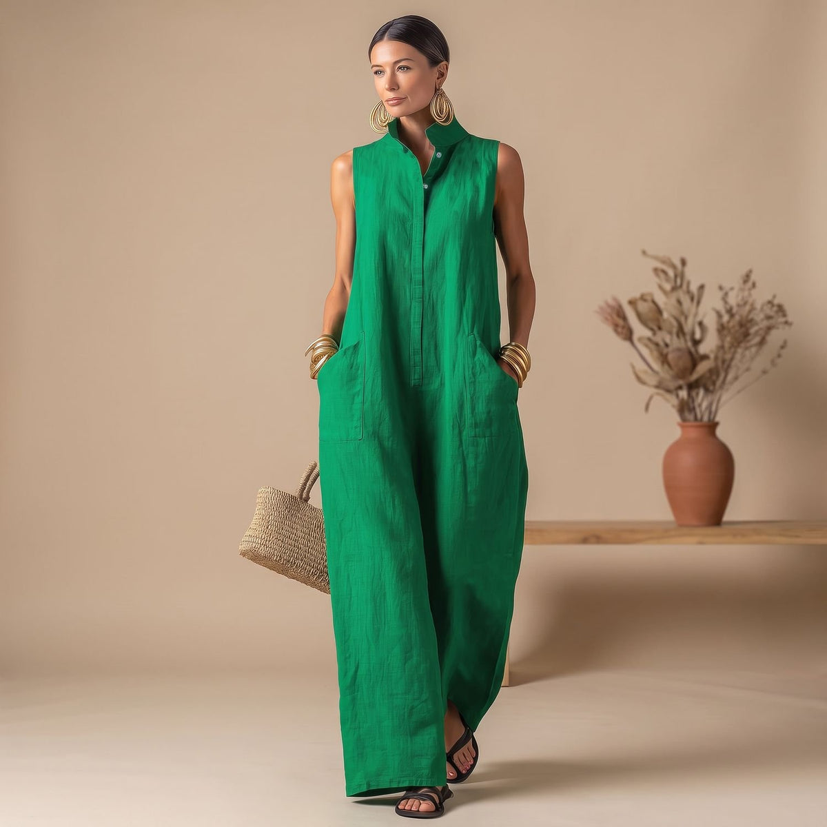 Women's Sleeveless Stand-Collar Loose-Fit Linen Jumpsuit