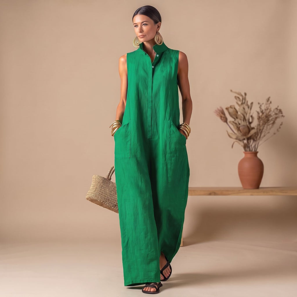 Women's Sleeveless Stand-Collar Loose-Fit Linen Jumpsuit