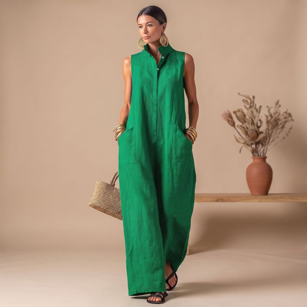 Women's Sleeveless Stand-Collar Loose-Fit Linen Jumpsuit