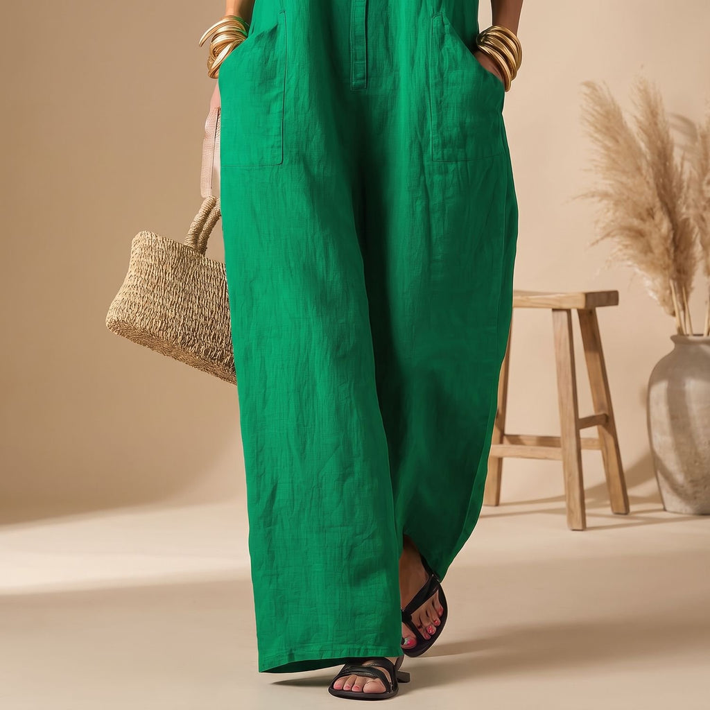Women's Sleeveless Stand-Collar Loose-Fit Linen Jumpsuit