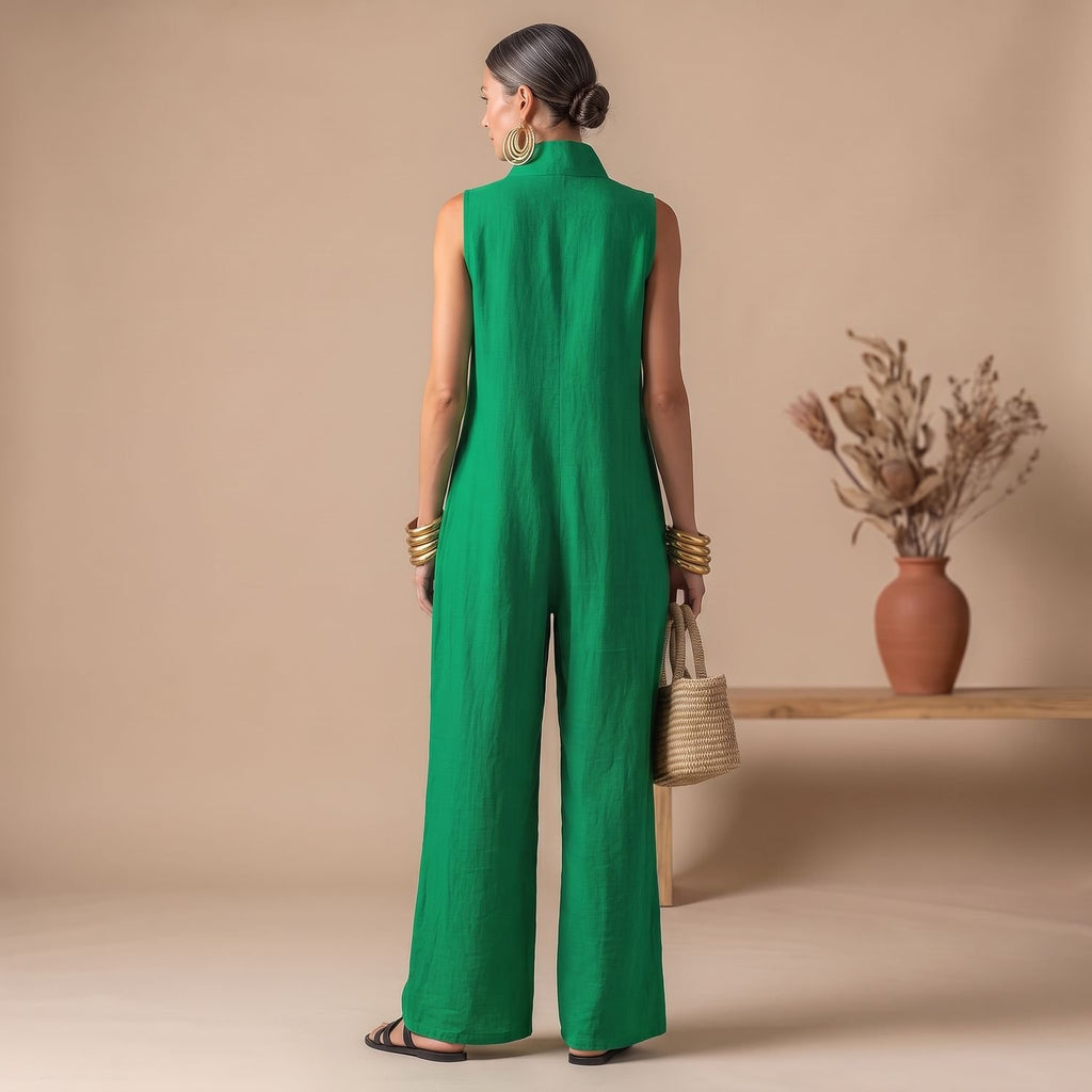 Women's Sleeveless Stand-Collar Loose-Fit Linen Jumpsuit
