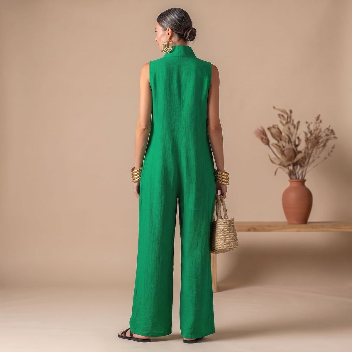 Women's Sleeveless Stand-Collar Loose-Fit Linen Jumpsuit