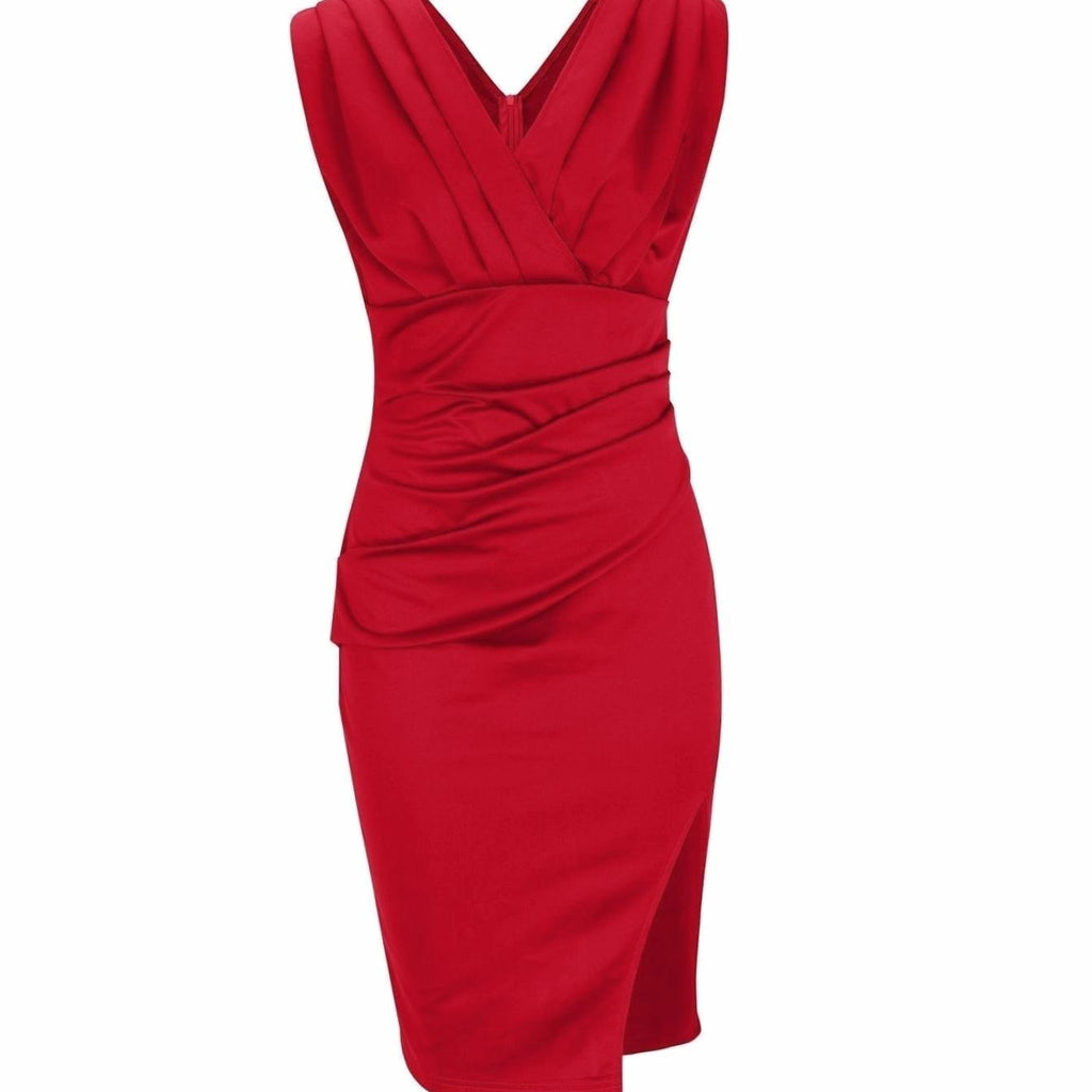 Women's Sleeveless V-Neck Ruched Bodycon Midi Dress Thigh Slit