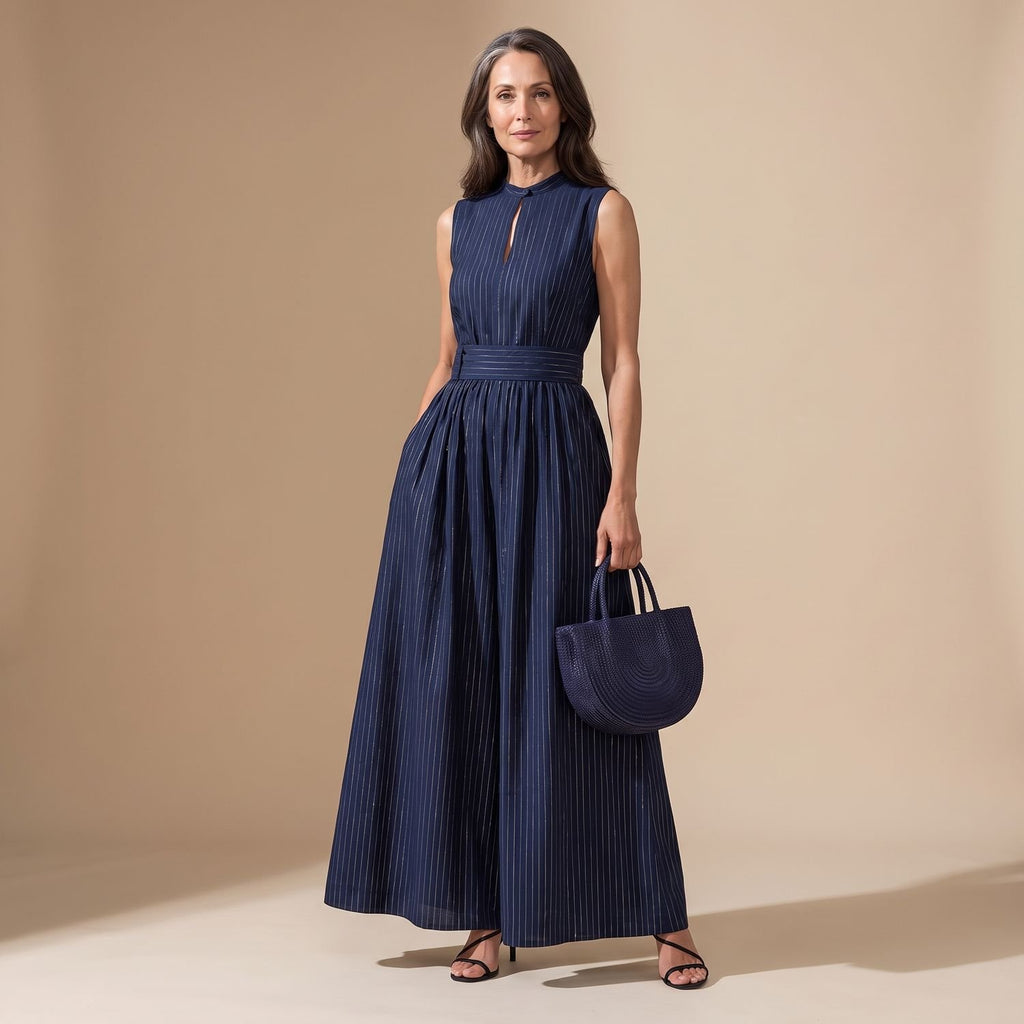 Women's Sleeveless Wide-Leg Striped Keyhole Jumpsuit