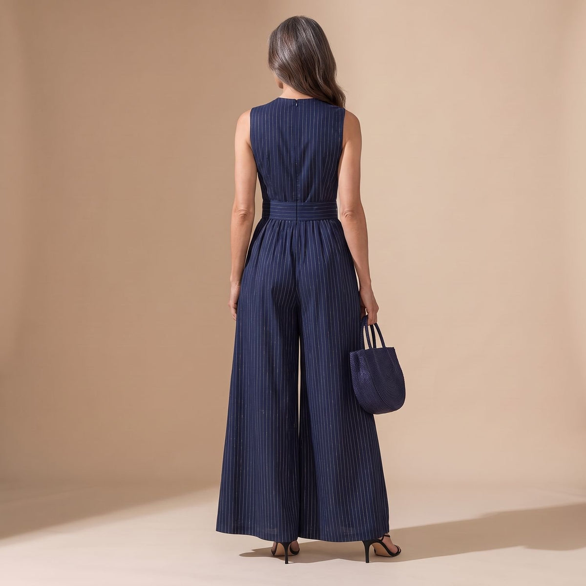 Women's Sleeveless Wide-Leg Striped Keyhole Jumpsuit
